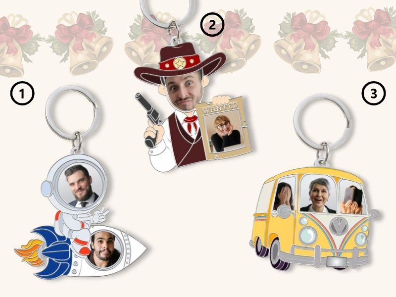 Personalized photo keyrings with astronaut, cowboy, and camper van designs — perfect custom Christmas gifts.